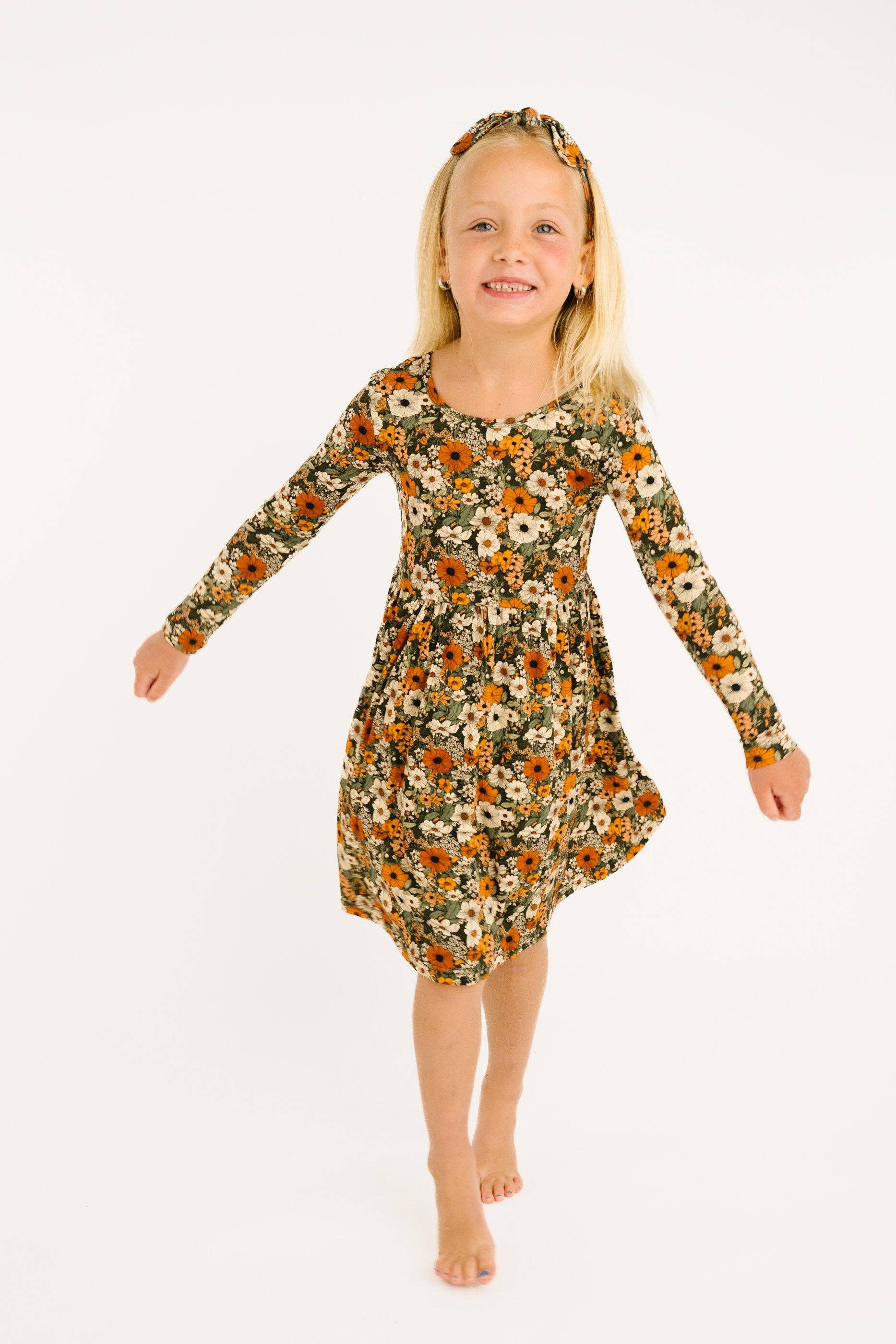 Bamboo L/S Twirl Dress - Green & Burnt Orange, Rustic Blooms