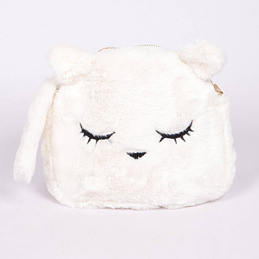 Plush Sleepy Cat Clutch/Purse, Gold Chain - Ivory