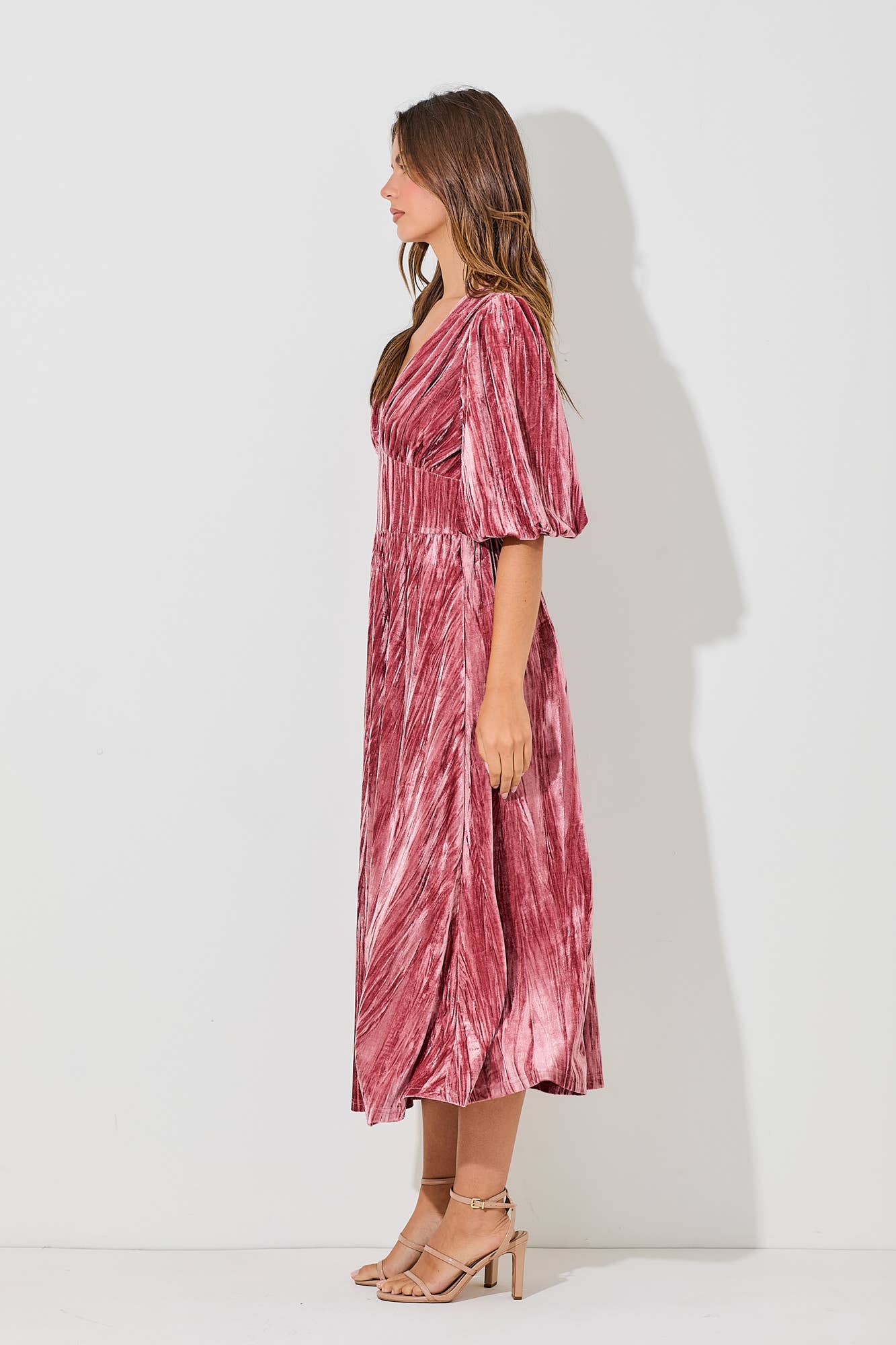 Women's/Junior Velvet Midi Dress with Pockets - Deep Dusty Rose