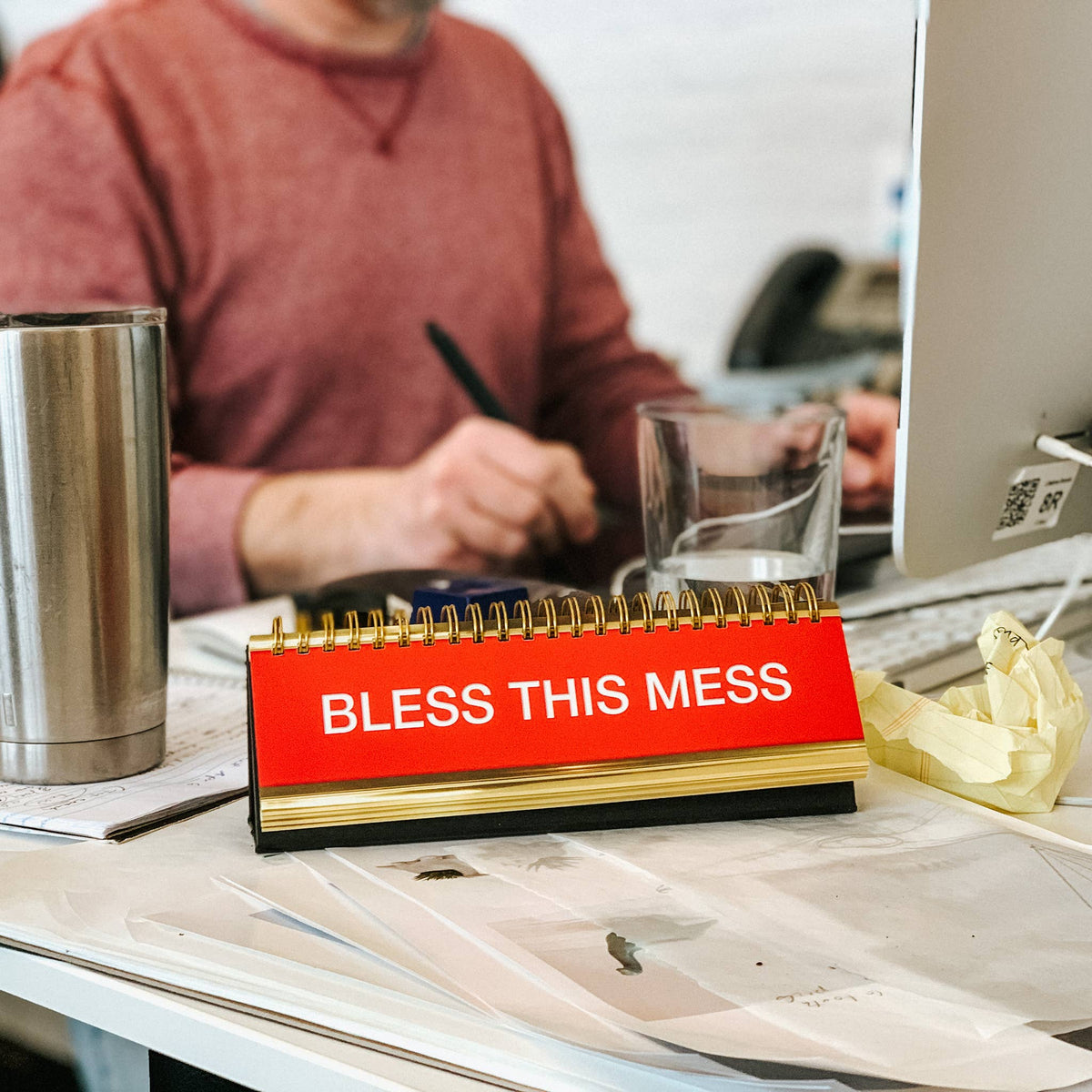 Fred & Friends Daily Desk Plaque flip book, Bless This Mess on a desk