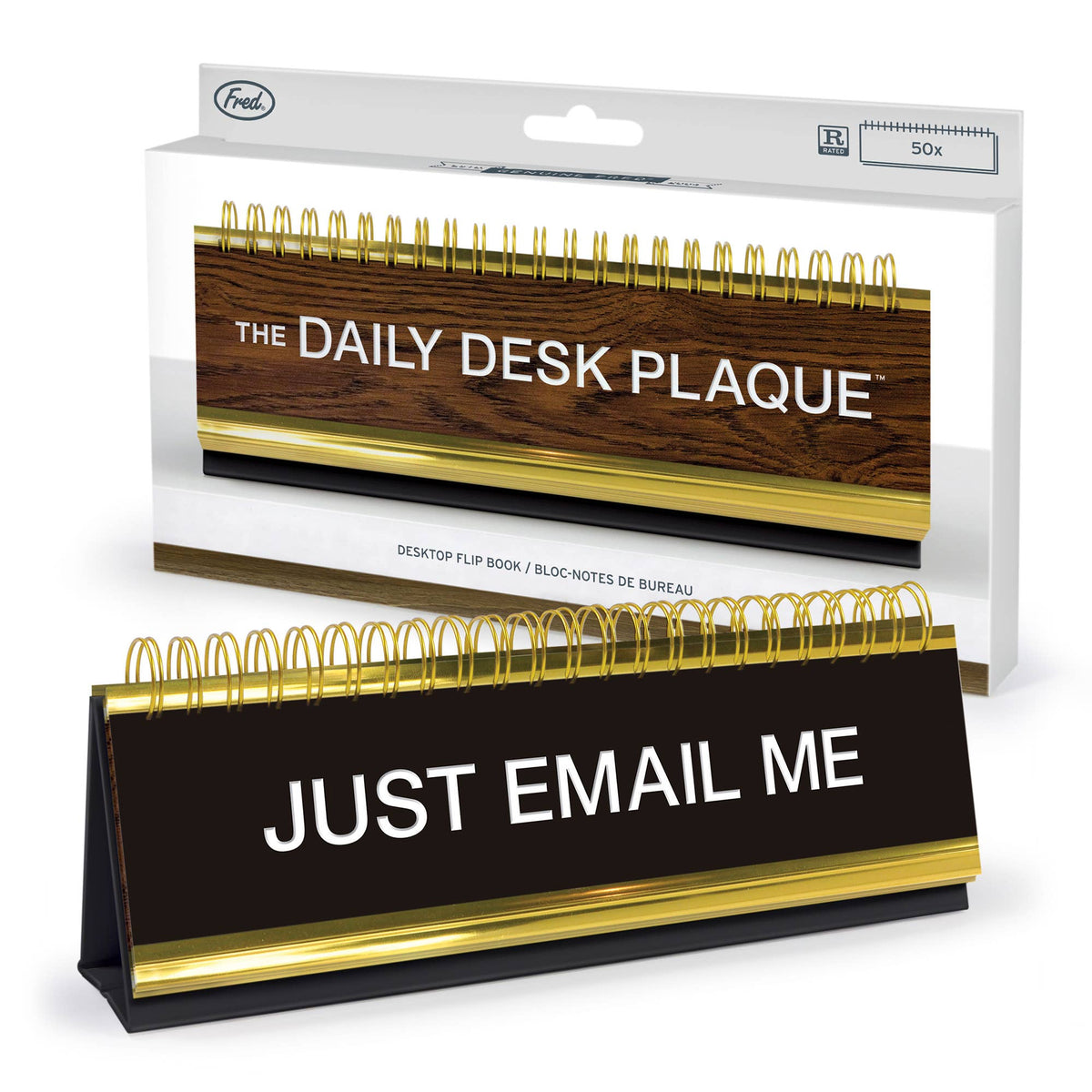 Fred & Friends Daily Desk Plaque flip book, in its package with Just Email Me showing