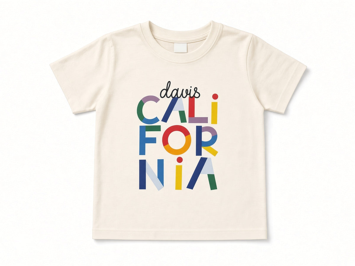 Davis California color block letters organic cotton kids short sleeve t-shirt in cream