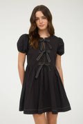Women's Front Tie Puff Sleeve Babydoll Mini Dress - Black