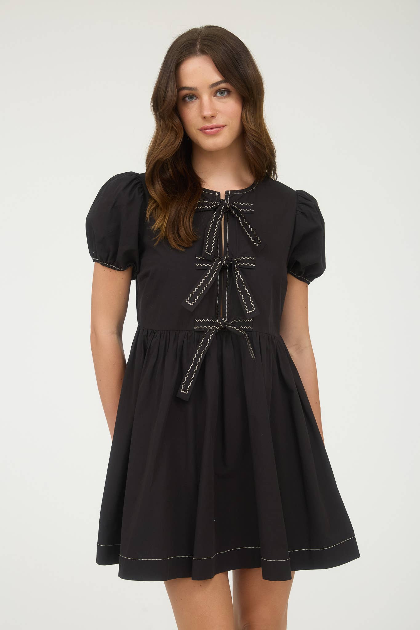 Women's Front Tie Puff Sleeve Babydoll Mini Dress - Black