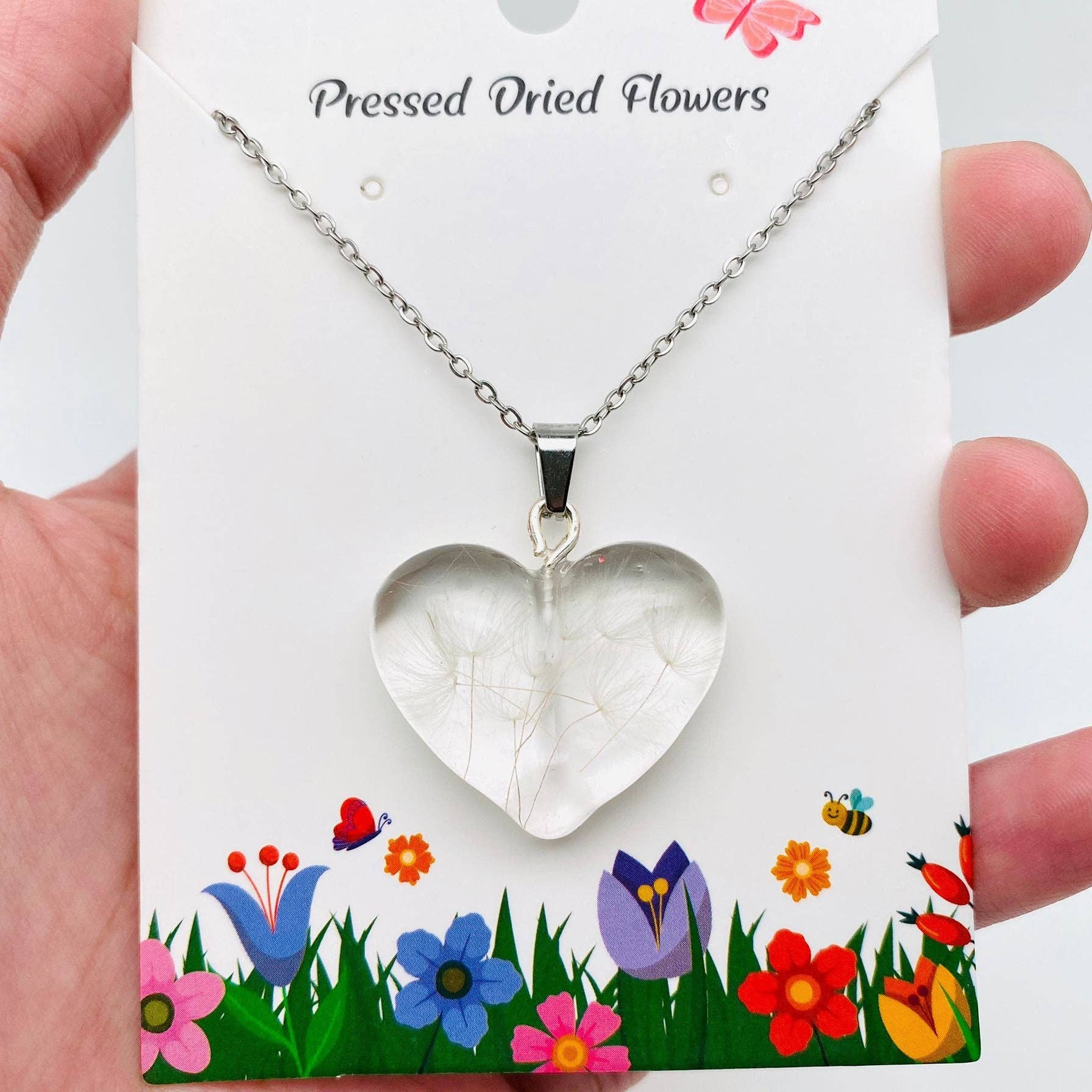 Genuine Pressed Dried Flowers, Dandelion Encased Resin Heart-Shaped Charm Necklace, White
