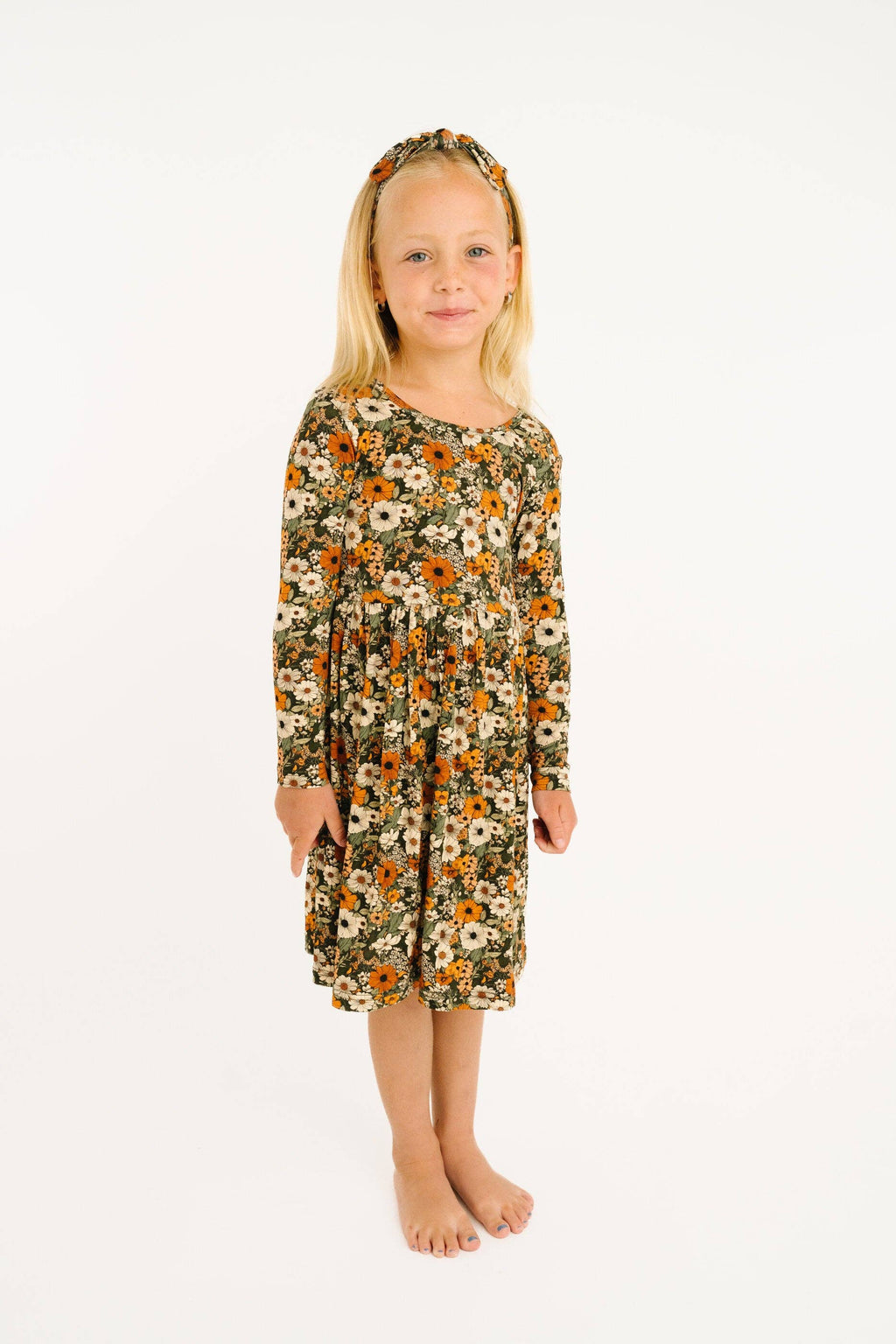 Bamboo L/S Twirl Dress - Green & Burnt Orange, Rustic Blooms