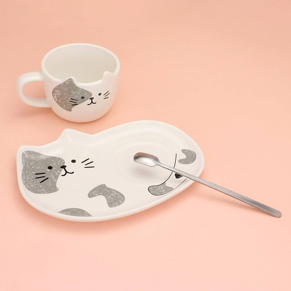 Kawaii Cat Ceramic Mug Cup, Saucer, and Spoon 3PC Set