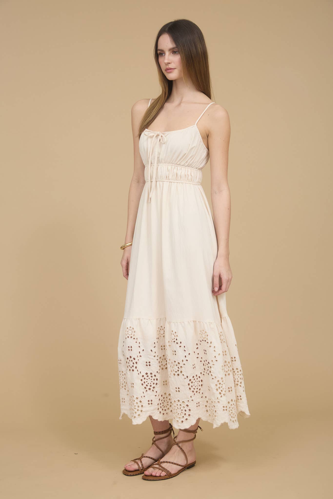 Women's Spaghetti Strap Scalloped Eyelet Lace Hem Sun Dress - Natural Shell