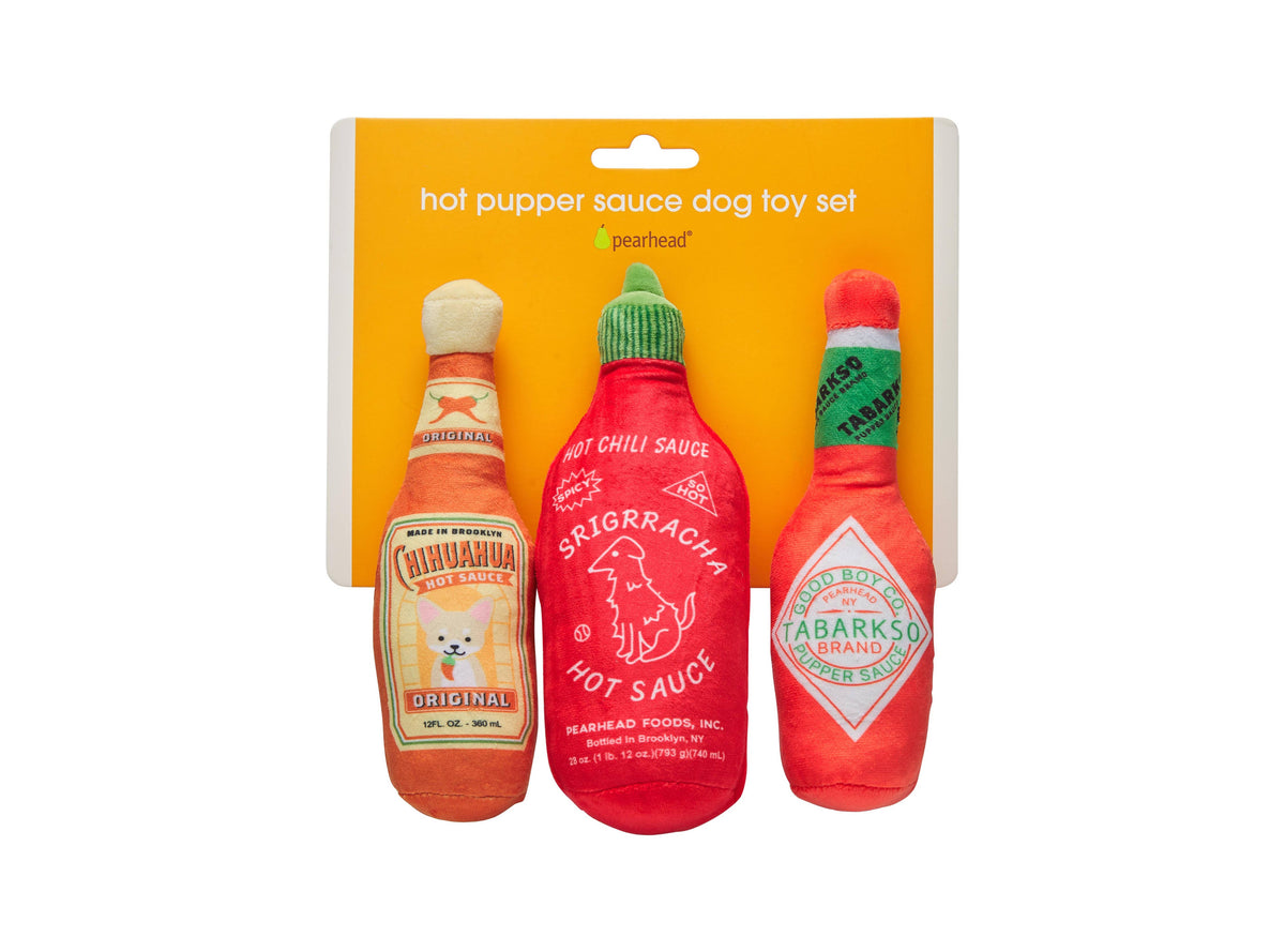 Hot Pupper Sauce plush dog toy set, packaging