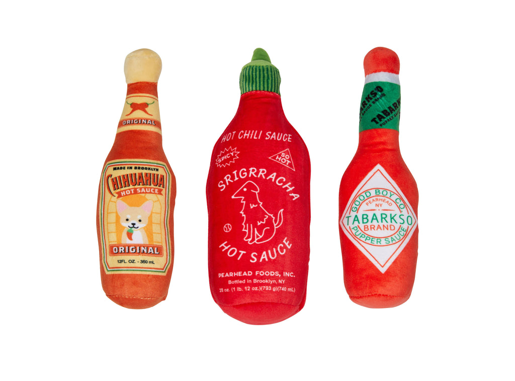 Hot Pupper Sauce plush dog toy set, three toys