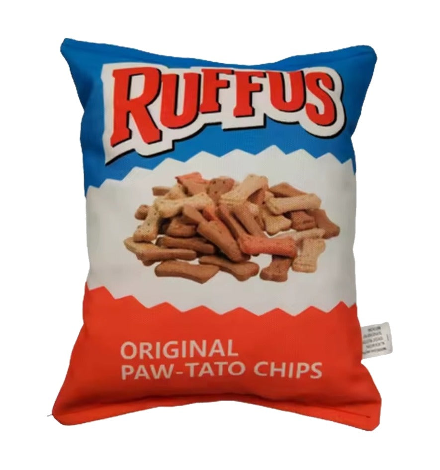 Ruffus chip bag dog chew toy with squeaker, front view