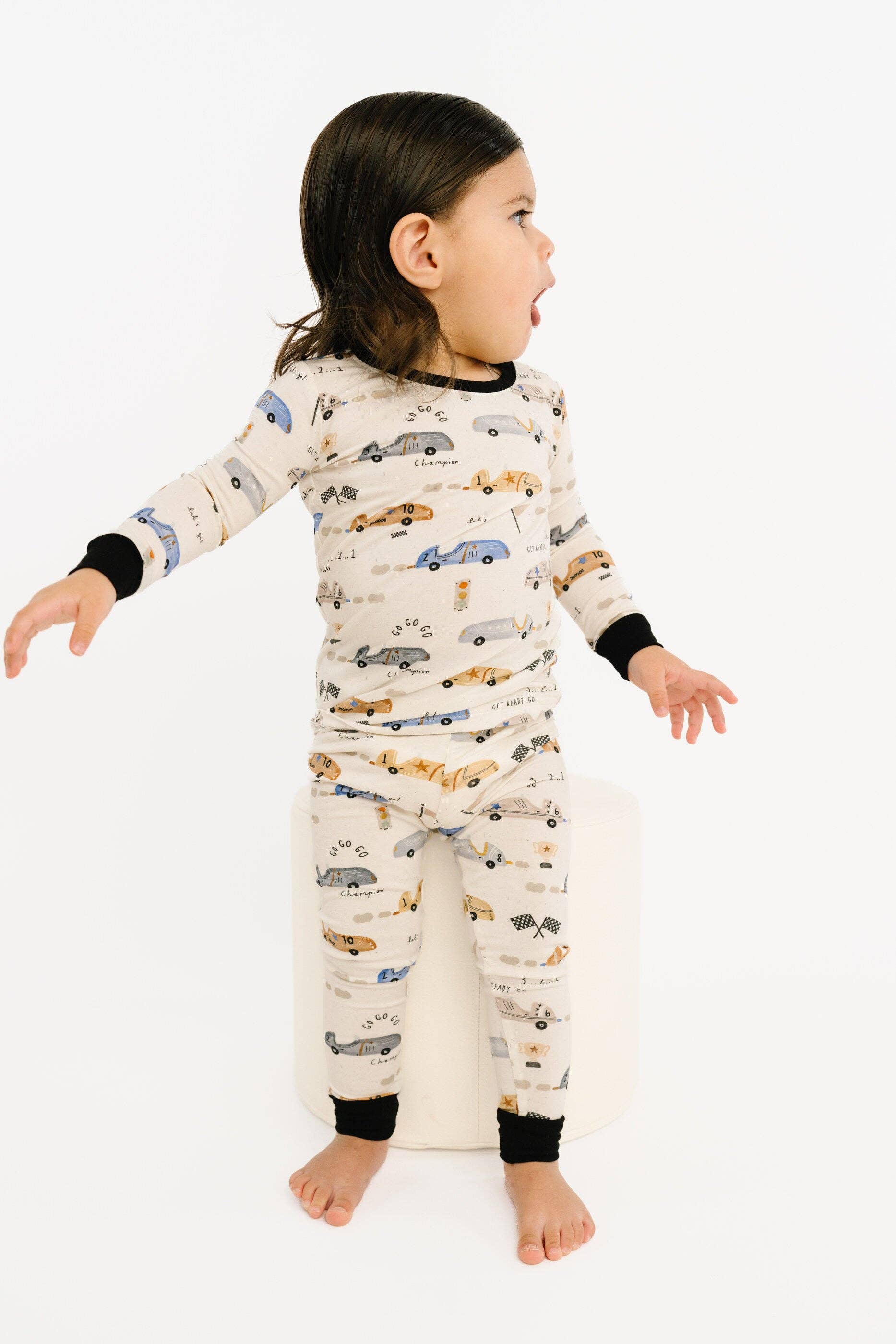 Bamboo 2PC L/S Kids PJs - Vintage Race Cars, B/W