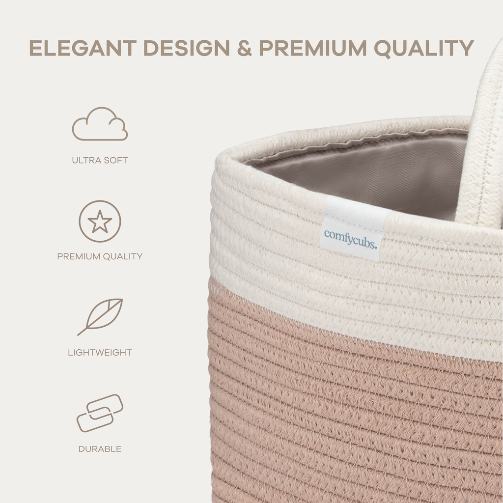 Roped diaper caddy in blush pink and white, detail 3