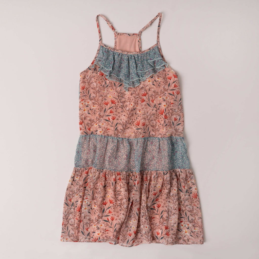 Mini/Tween Girls Ruffle Halter Sun Dress: Potpourri and Blue Flutter