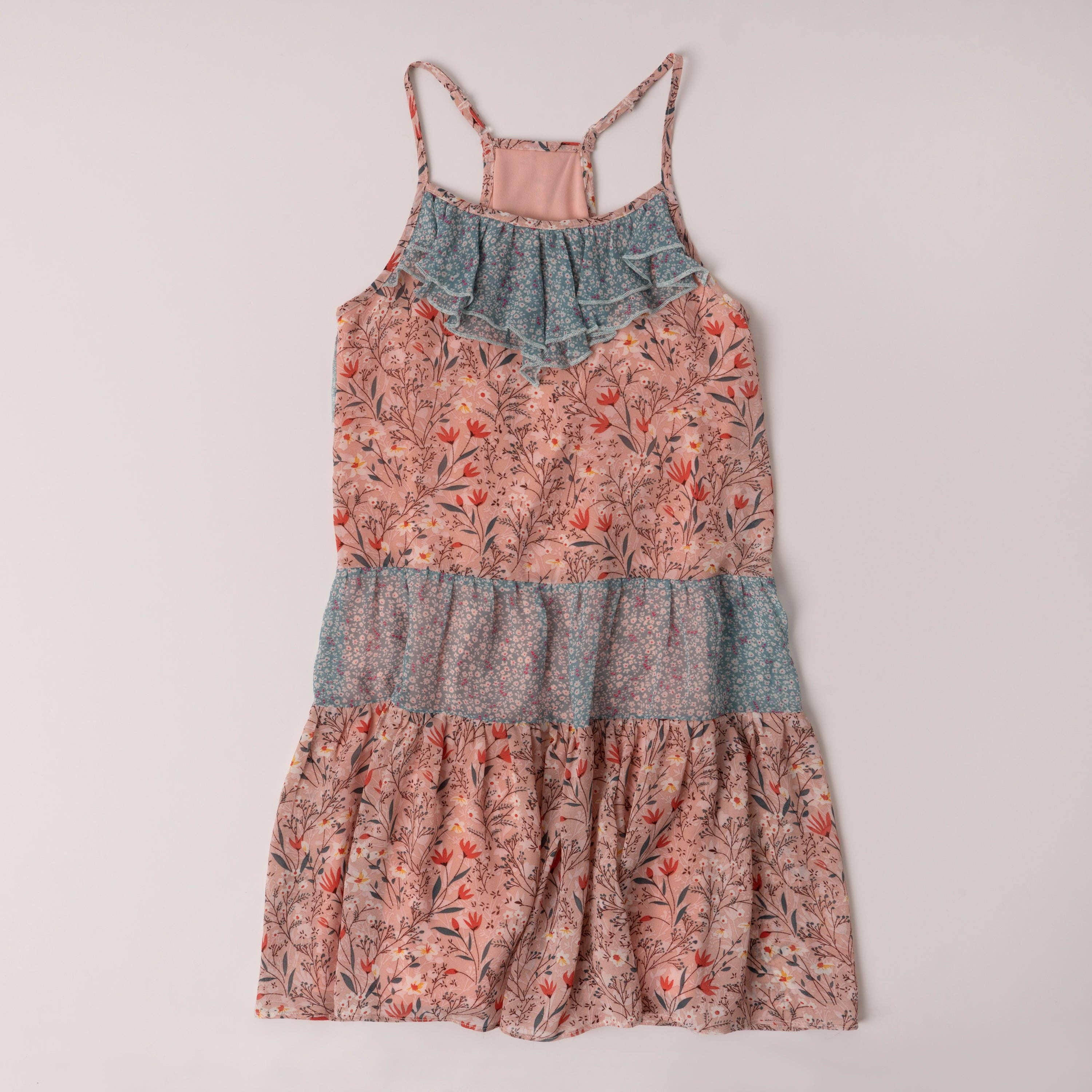 Mini/Tween Girls Ruffle Halter Sun Dress: Potpourri and Blue Flutter