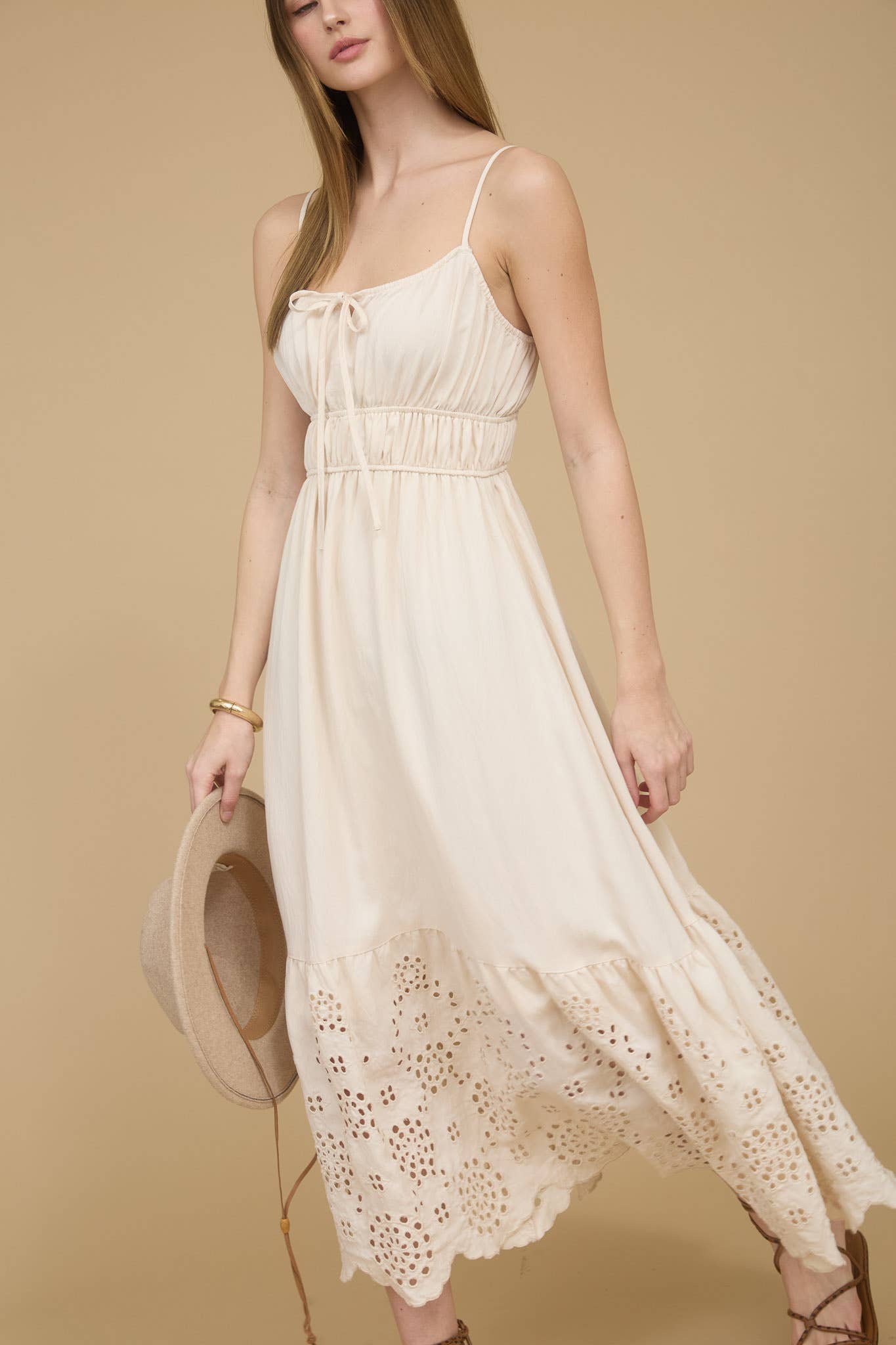 Women's Spaghetti Strap Scalloped Eyelet Lace Hem Sun Dress - Natural Shell