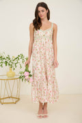 Women's Floral Lace Trim Ribbon Strap Midi Sun Dress - Sage, Ivory, and Pink