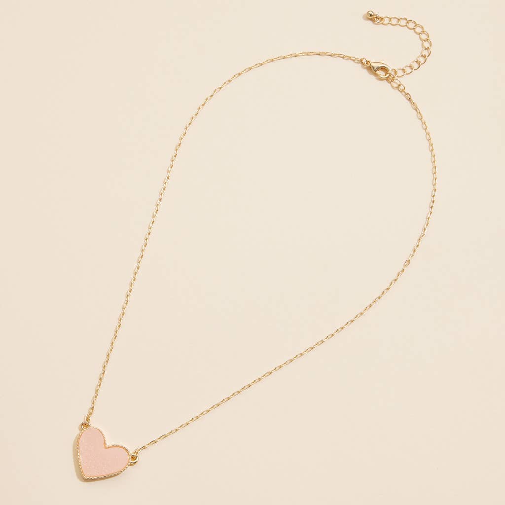 Gold Heart Druzy Stone Charm Short Necklace: Peachy Pink