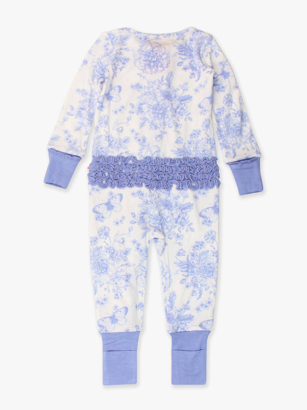 SoftSnooze™ Baby Girls Bamboo Convertible Ruffled Romper - Periwinkle Blue Butterfly Toile