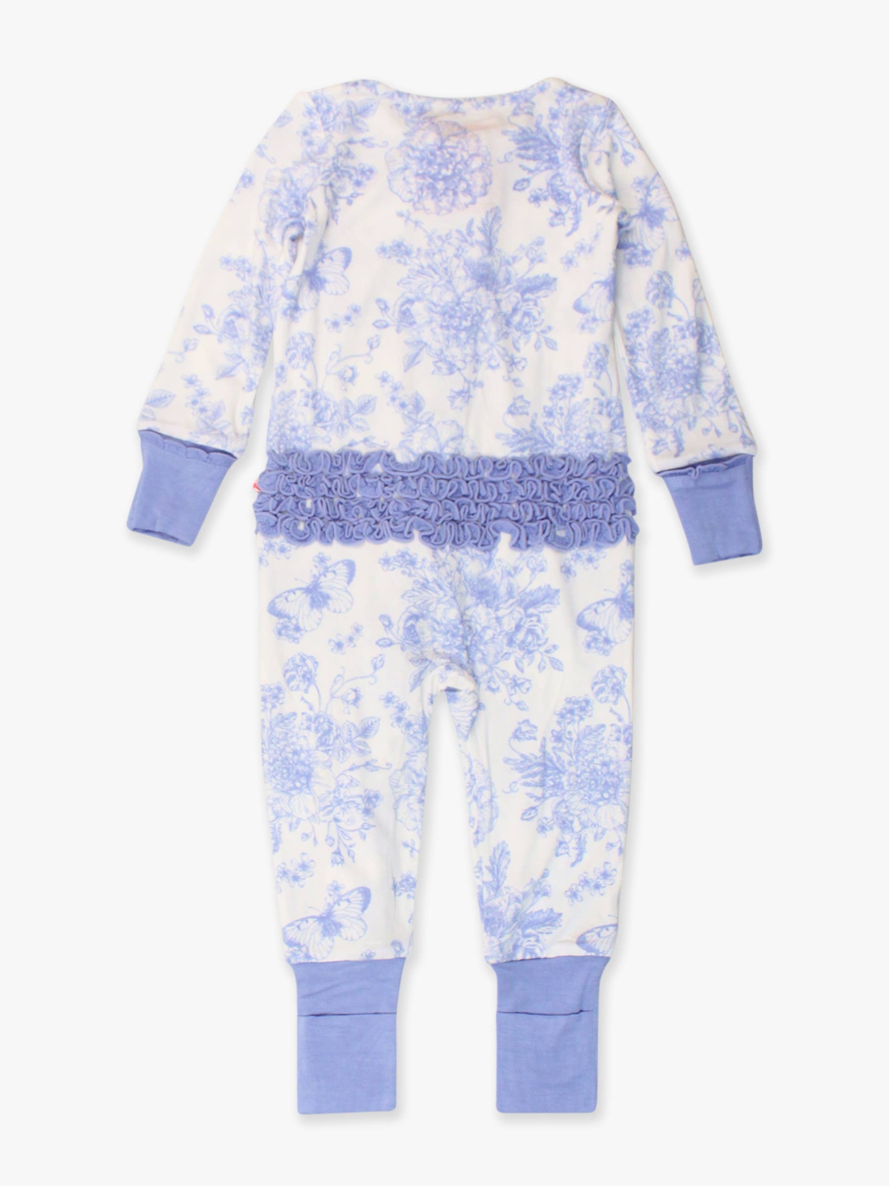 SoftSnooze™ Baby Girls Bamboo Convertible Ruffled Romper - Periwinkle Blue Butterfly Toile