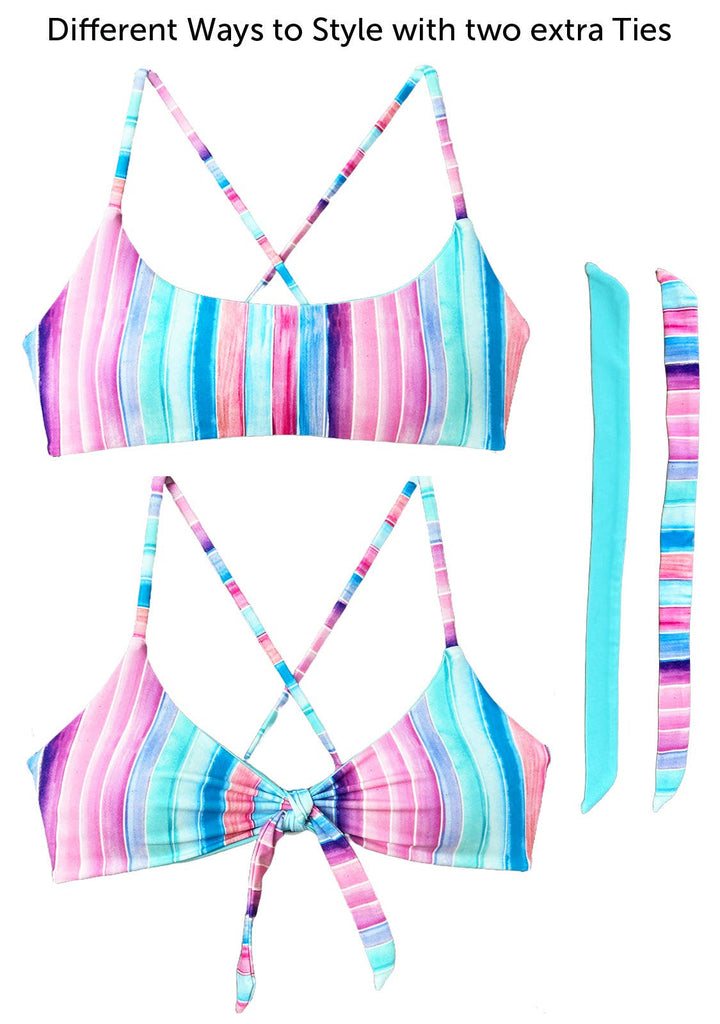 Tween/Teen Reversible Eco-friendly, Sustainable Reversible Swim Top - Sorrento Pink and Blue Stripe