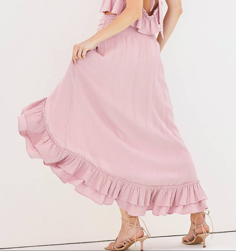 Women's Side Slit Ruffled Midi Skirt with Hidden Side Pockets - Petal Rose Pink