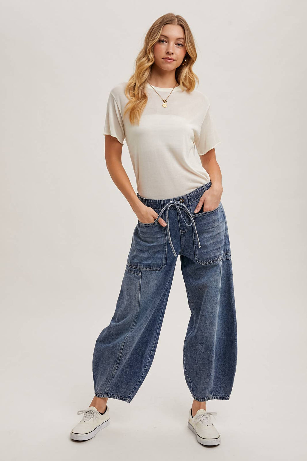 Barrel Jeans, Mid-Waist, Drawstring Top - Medium Wash