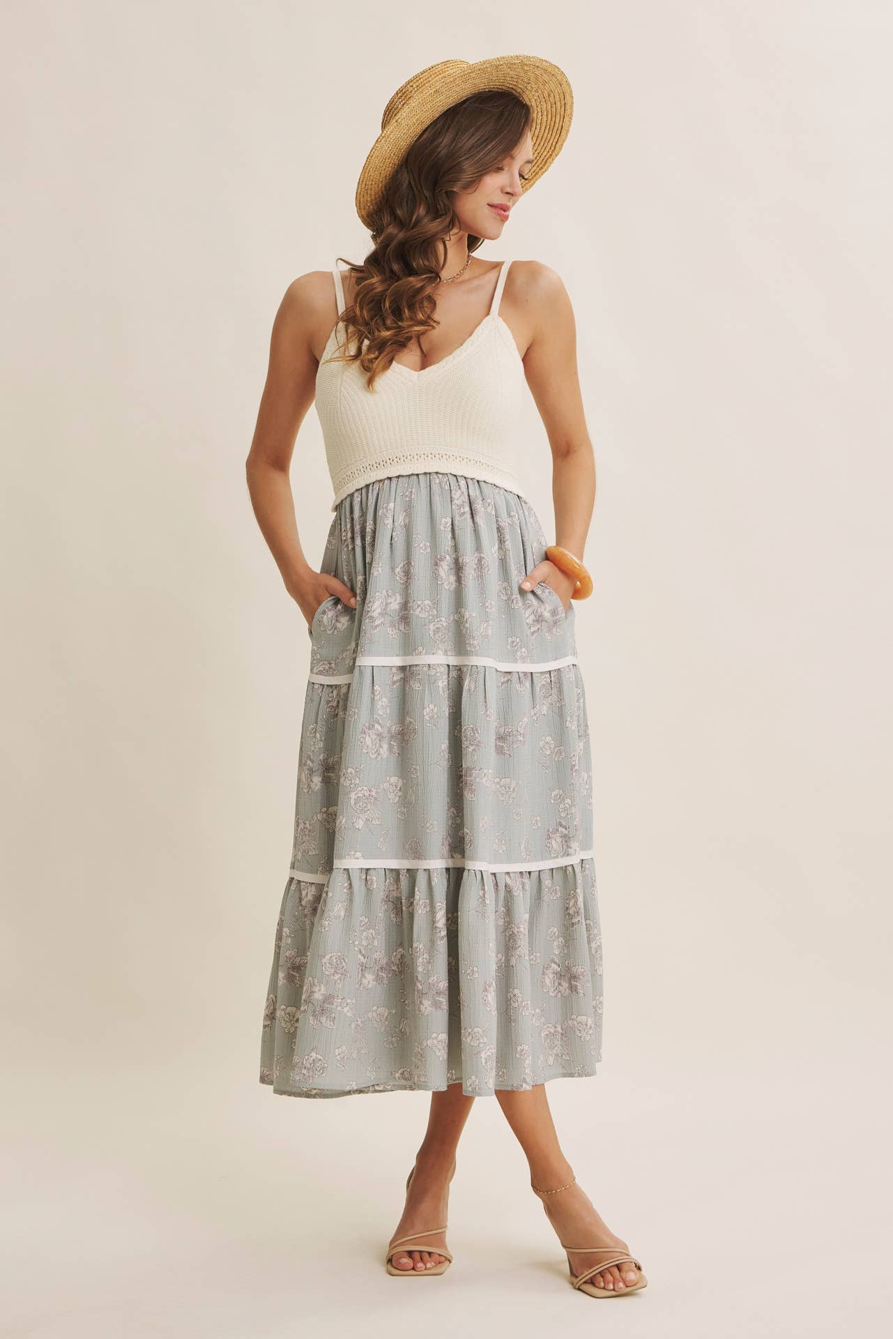 Women's Knit Spaghetti Top Two-fer Midi Sun Dress with Pockets, Ivory and Dusty Blue