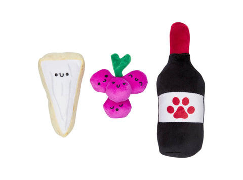 Dog Chew Toy Pawrcuterie Board 3PC Plush and Squeaker Toys Set, Wine, Grapes, and Cheese