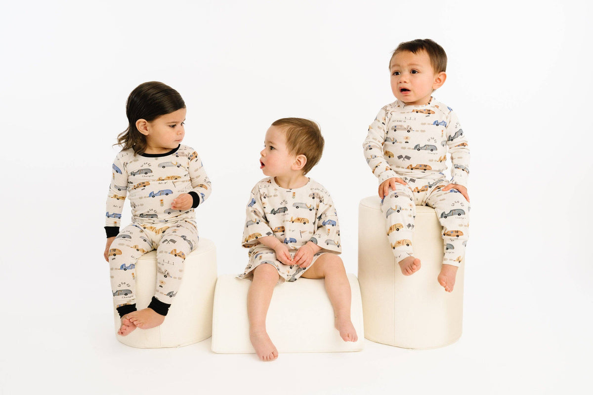 Bamboo 2PC L/S Kids PJs - Vintage Race Cars, B/W