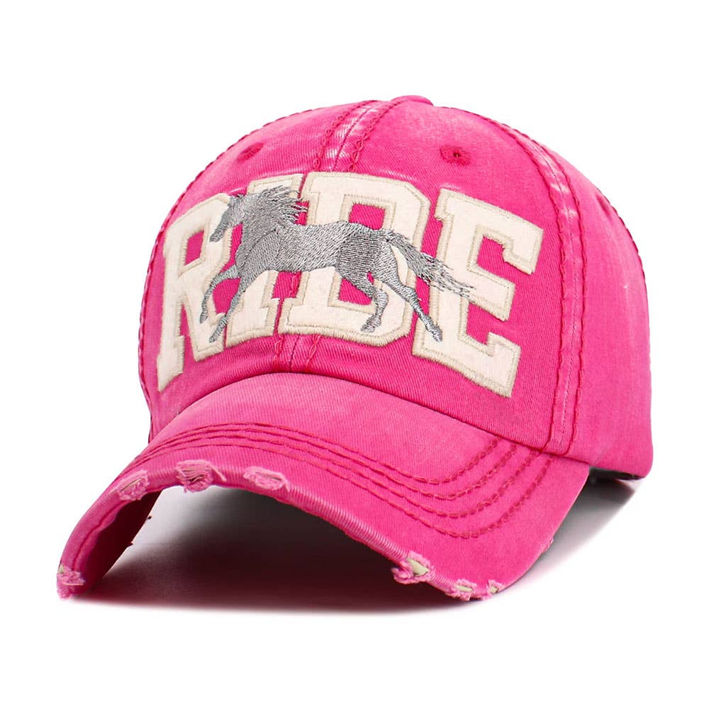 RIDE Horse Embroidered Vintage Distressed Baseball Cap: Hot Pink