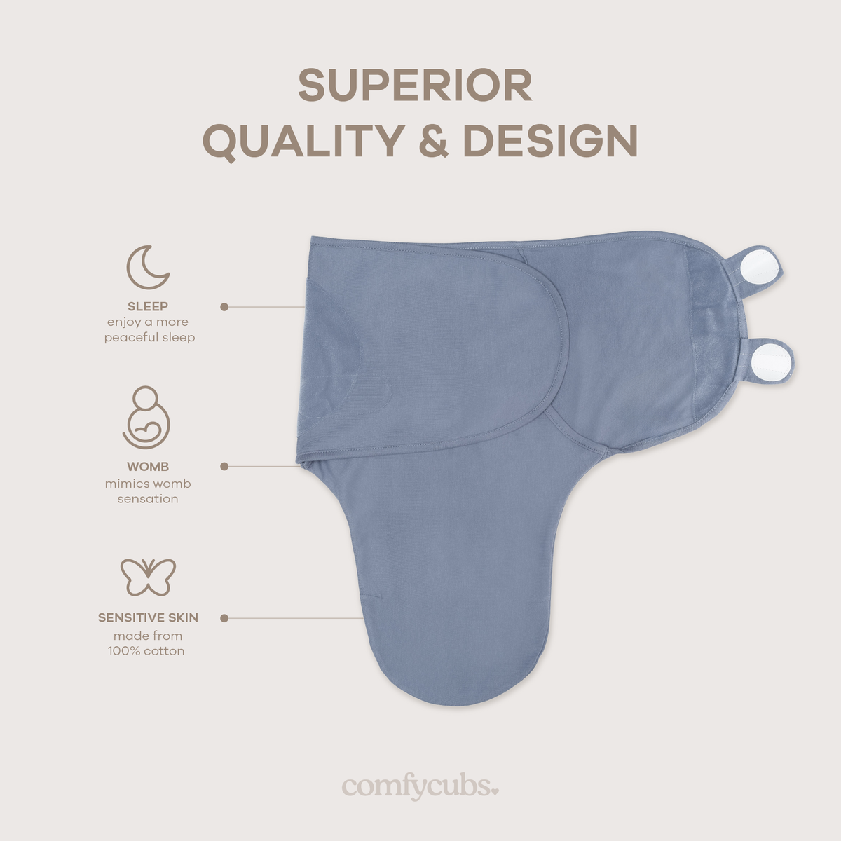Blue easy swaddle with adjustable hook-and-loop wings