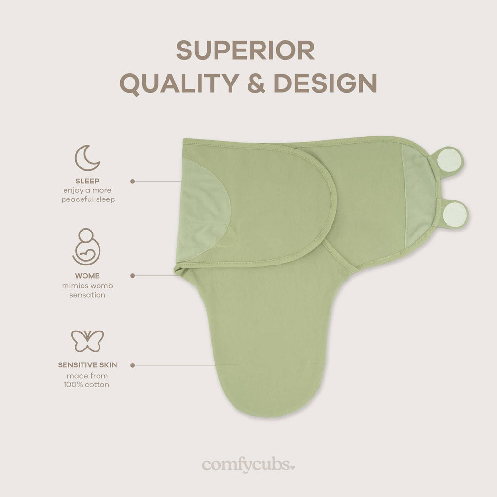 Sage green easy swaddle with adjustable hook-and-loop wings