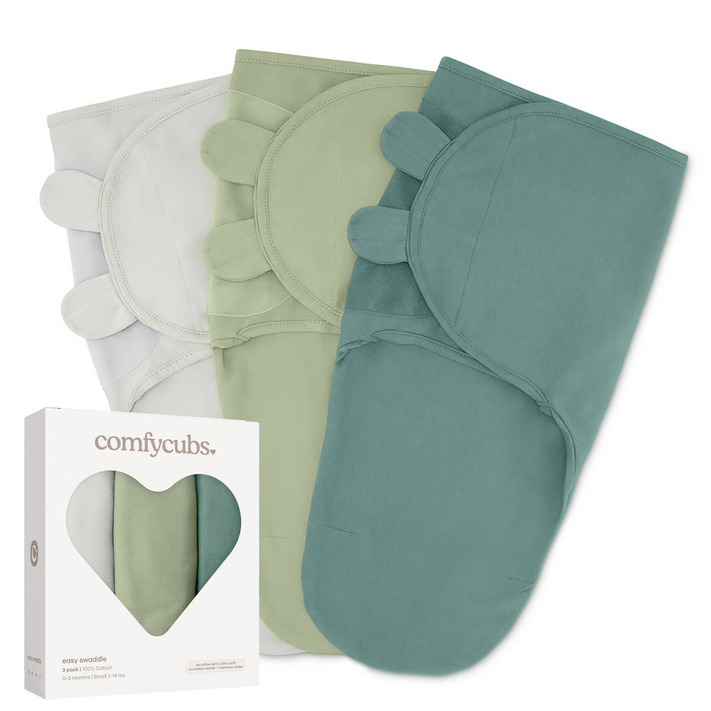 Easy swaddle 3-pack in Greens & Greys: stone, sage and green swaddles with gift box