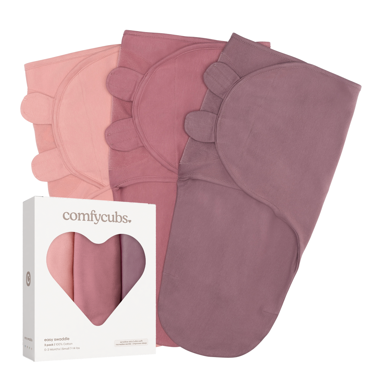 Easy swaddle 3-pack in Pinks & Mauves: blush, mauve and mulberry swaddles with gift box