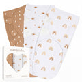 Easy swaddle 3-pack in Sand Sun/Rain pattern: tan sun print and white rainbow print swaddles with gift box