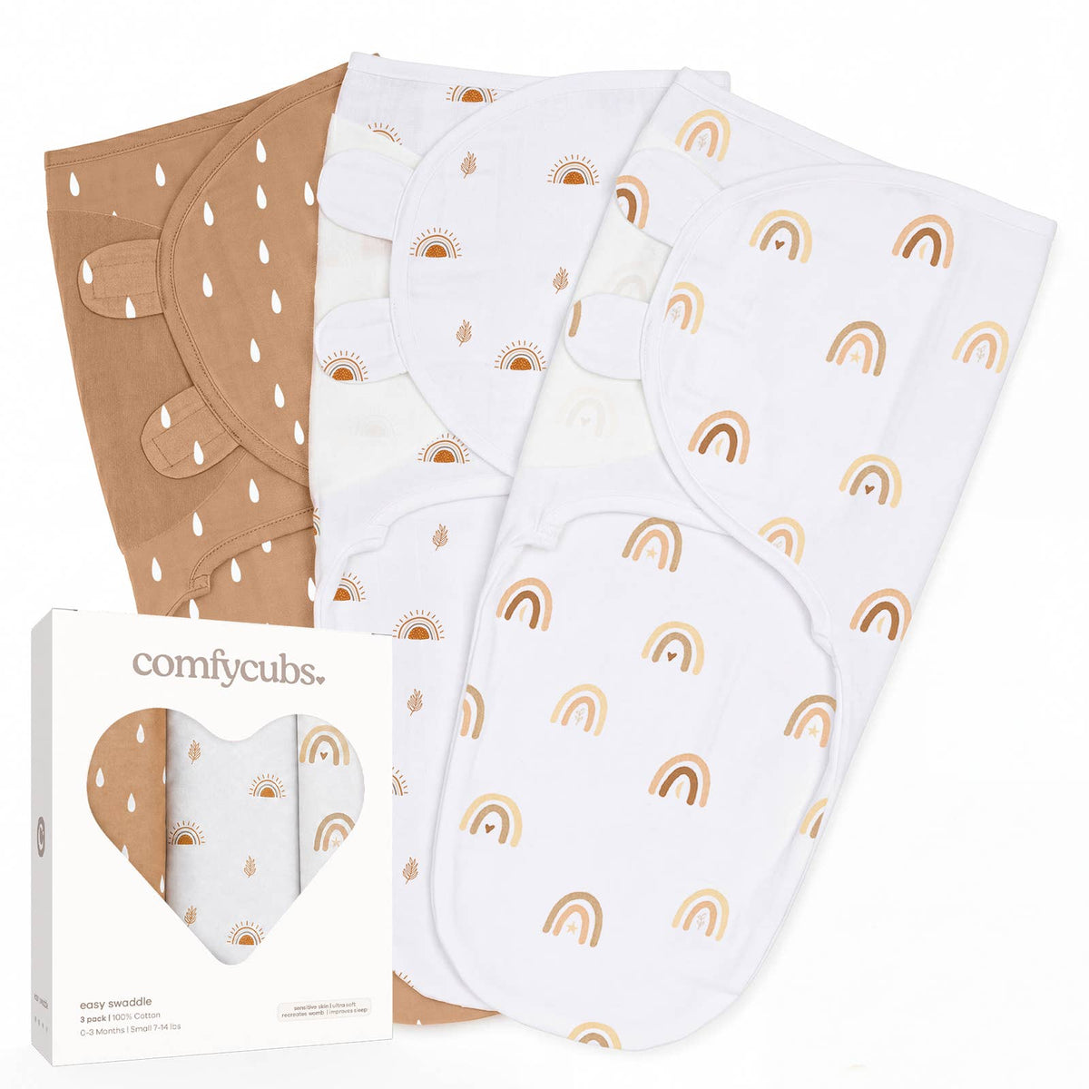 Easy swaddle 3-pack in Sand Sun/Rain pattern: tan sun print and white rainbow print swaddles with gift box