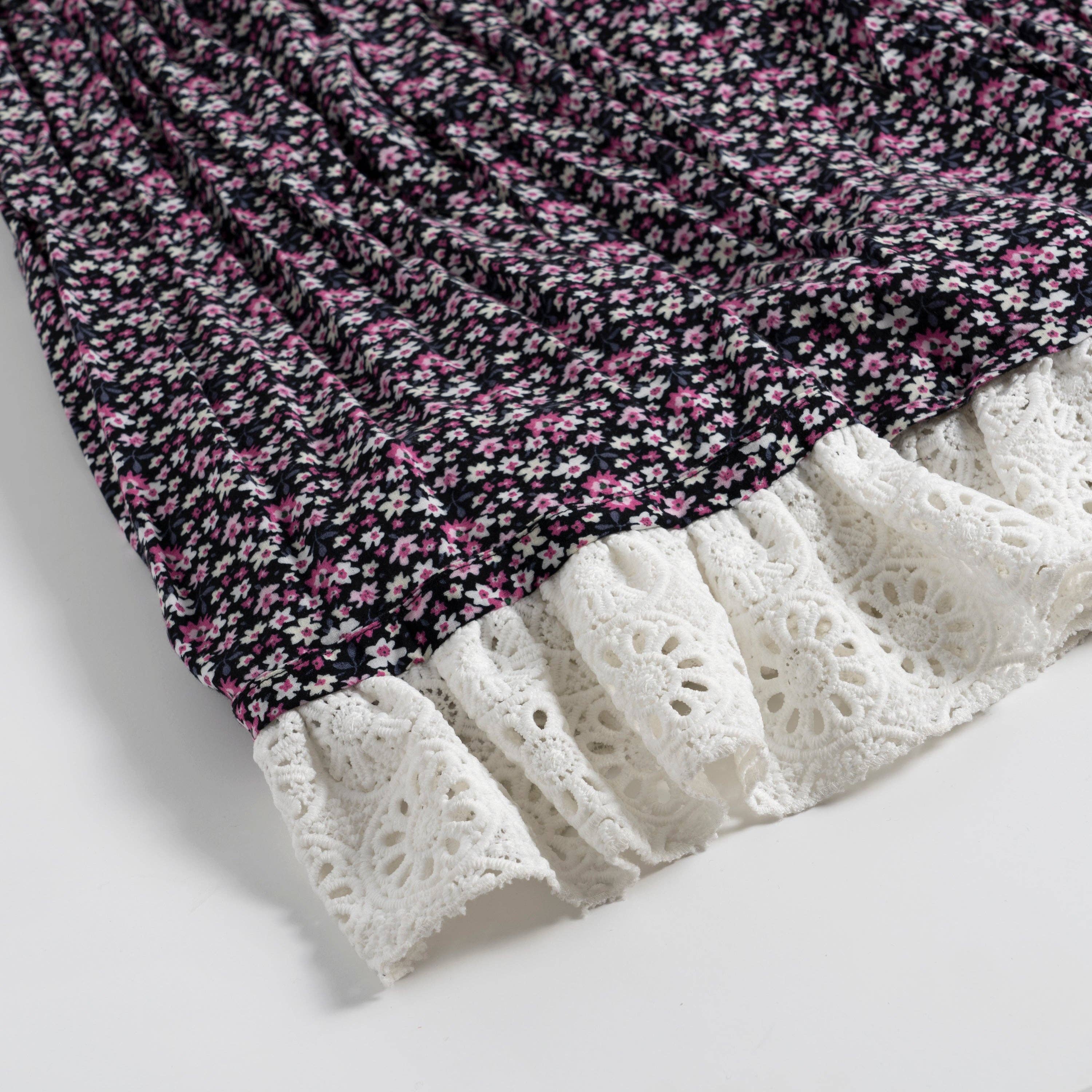 Mini/Tween Girls Crochet Lace Spaghetti Strap Micro Floral Maxi Sun Dress: Black Pink Ivory