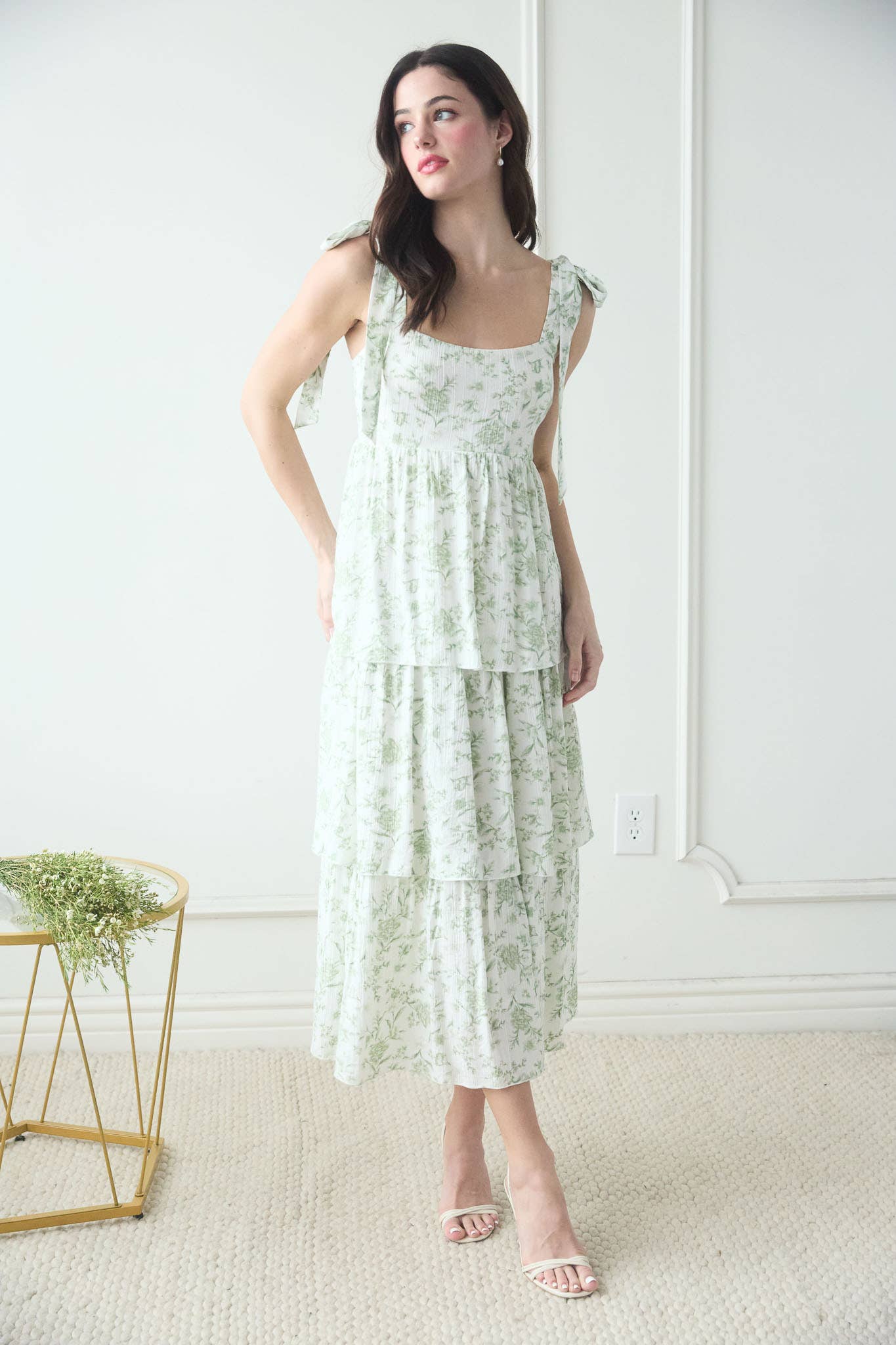 Women's Tie Strap Floral Tiered Midi Sun Dress - Sage Green Floral