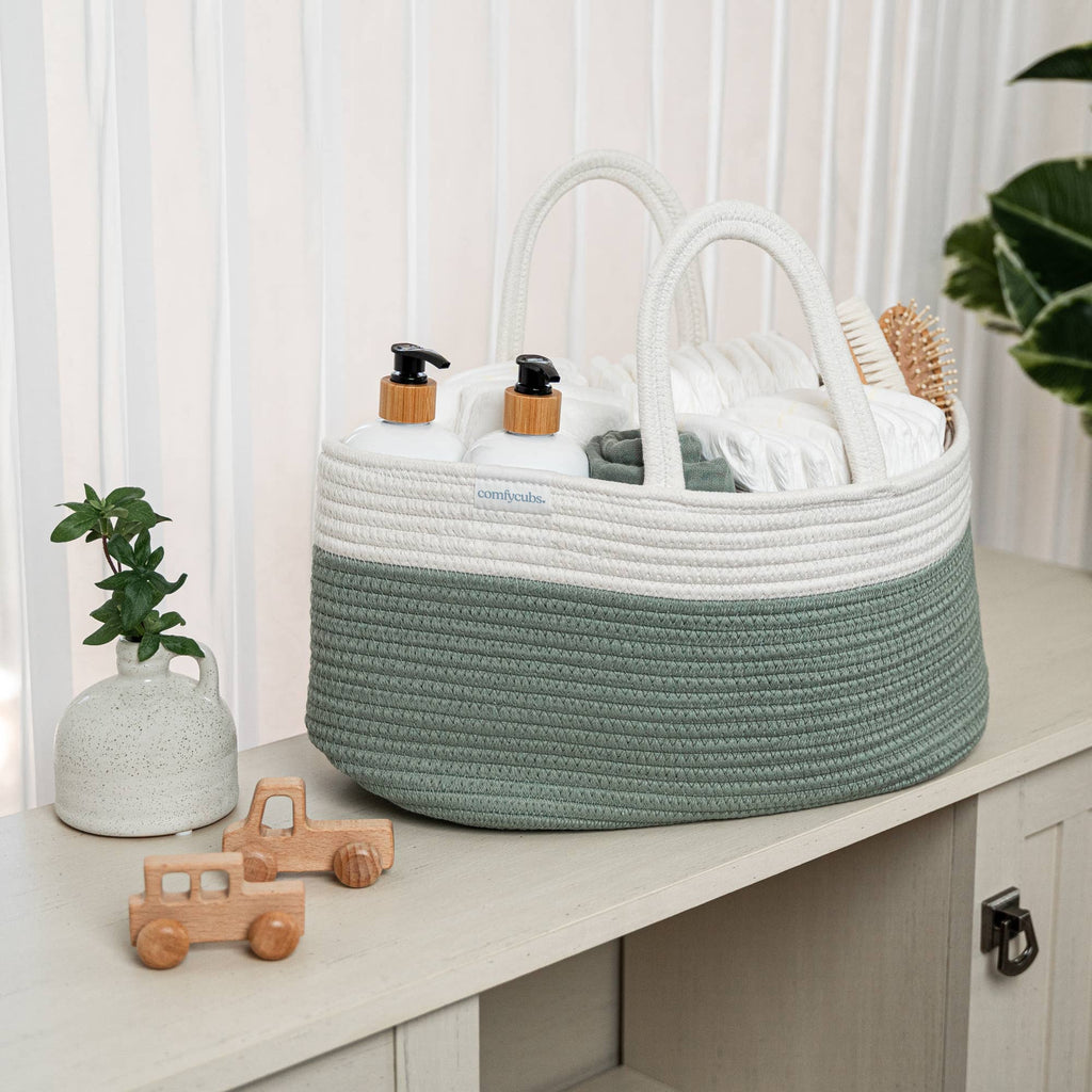 Roped diaper caddy in sage green and white, detail 4