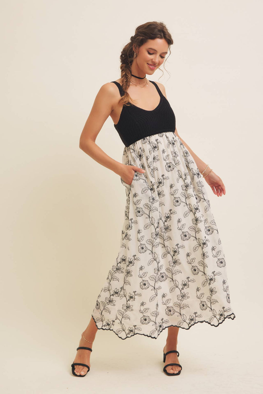 Women's Knit Spaghetti Top Two-fer Embroidered Midi Sun Dress with Pockets, Cream and Black