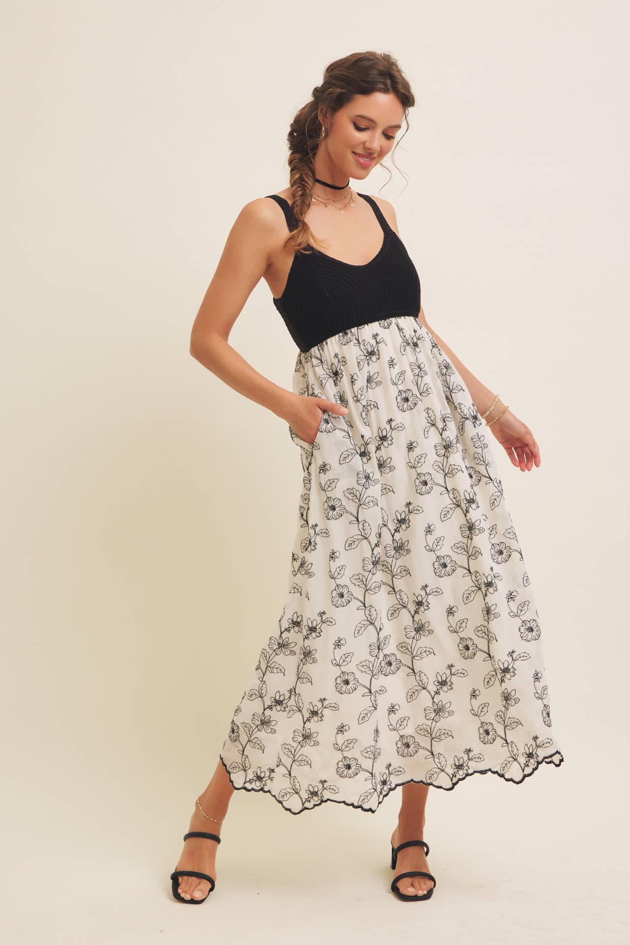 Women's Knit Spaghetti Top Two-fer Embroidered Midi Sun Dress with Pockets, Cream and Black