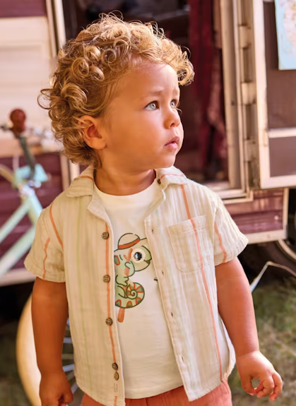 1113 Toddler Boy Eco-Cotton S/S Button Up Shirt - Natural Stripes