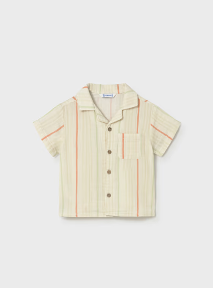 1113 Toddler Boy Eco-Cotton S/S Button Up Shirt - Natural Stripes