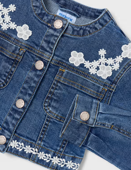 3453 Mini Girls Eco-Cotton Floral Guipure Lace Applique Detailed Denim Jacket - Dark