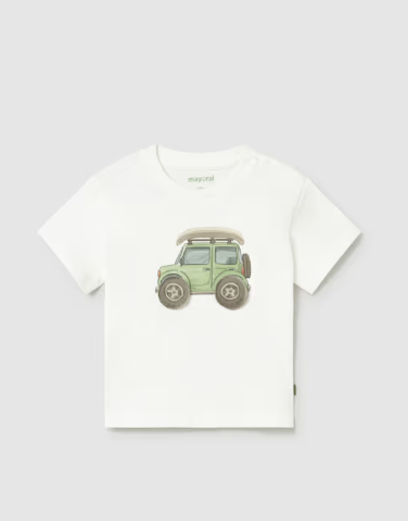 1011 Toddler Boy Eco-Sustainable Cotton S/S Printed T-Shirt - Cream Car