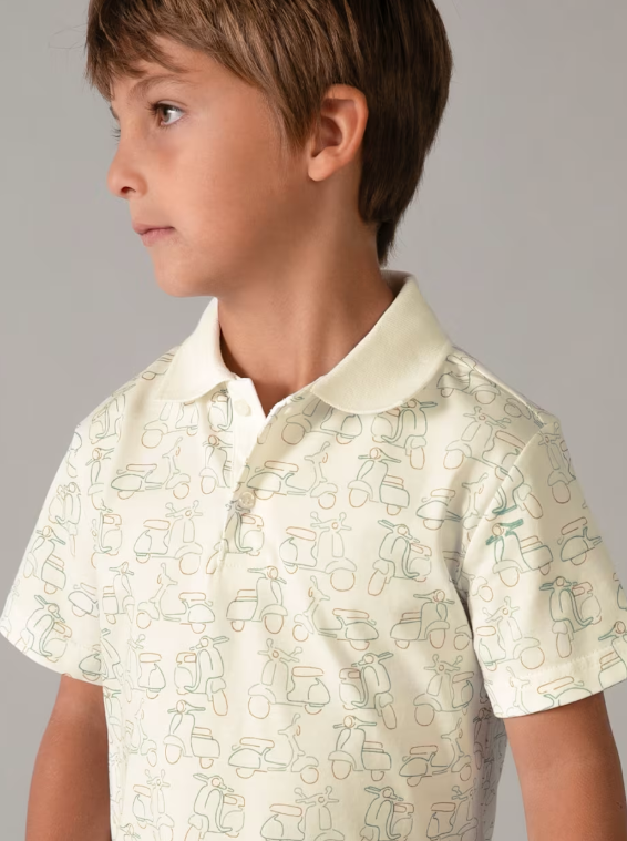 3104 Mini Boy S/S Printed Polo Shirt - Cream Green Scooters