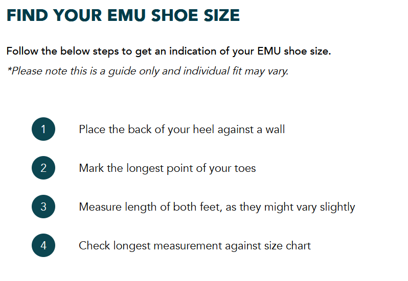 EMU Australia Platinum Mintaro sheepskin bootie slipper, chestnut, size guide