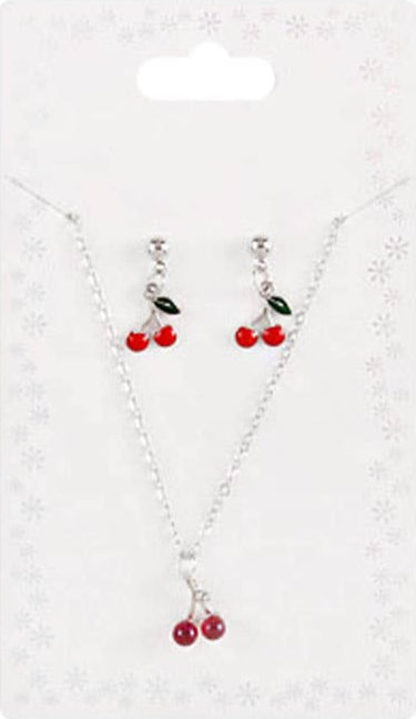 Enamel red cherry necklace and earring set, silver, on card