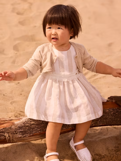 1904 Toddler Girls Cotton Linen Dress w/ Lace Sash - Hazelnut